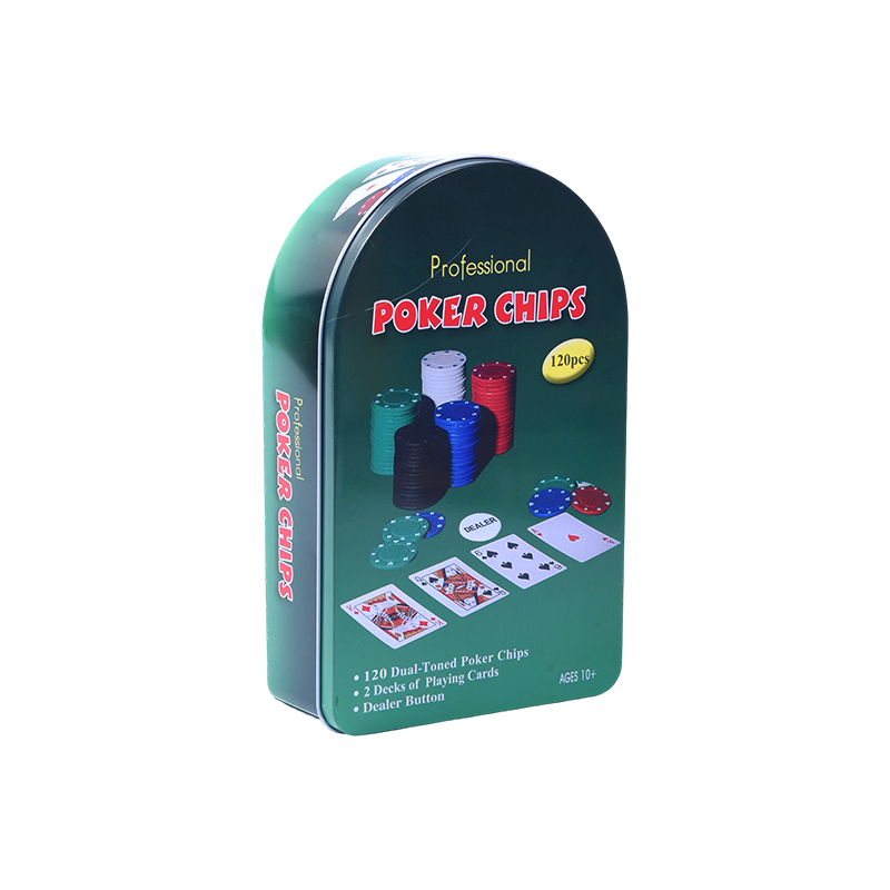Yeşil Kemerli Metal Teneke 120 Cips Kartları ve Satıcı Düğmesi Profesyonel Poker Cips Seti