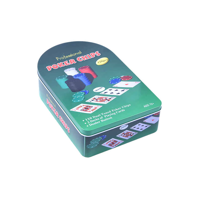 Yeşil Kemerli Metal Teneke 120 Cips Kartları ve Satıcı Düğmesi Profesyonel Poker Cips Seti