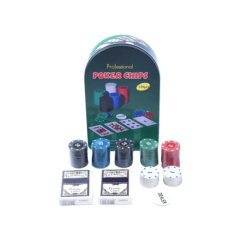 Yeşil Kemerli Metal Teneke 120 Cips Kartları ve Satıcı Düğmesi Profesyonel Poker Cips Seti