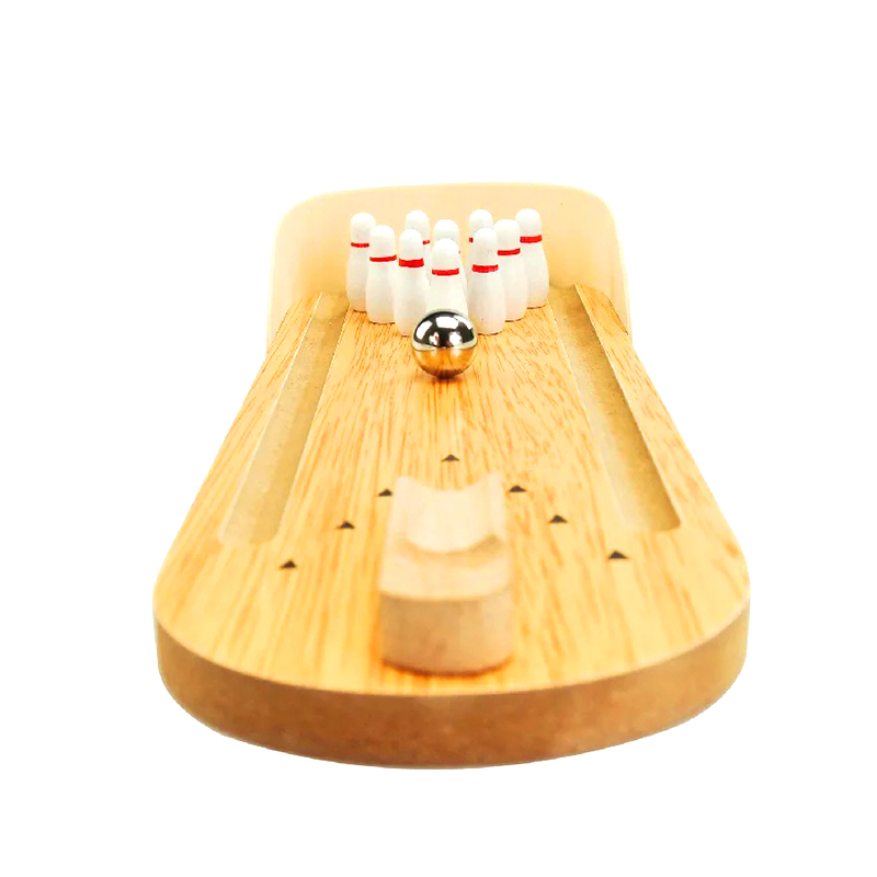 Çelik Top ve Lobutlardan oluşan Kompakt Ahşap Set Mini Masaüstü Bowling Oyunu