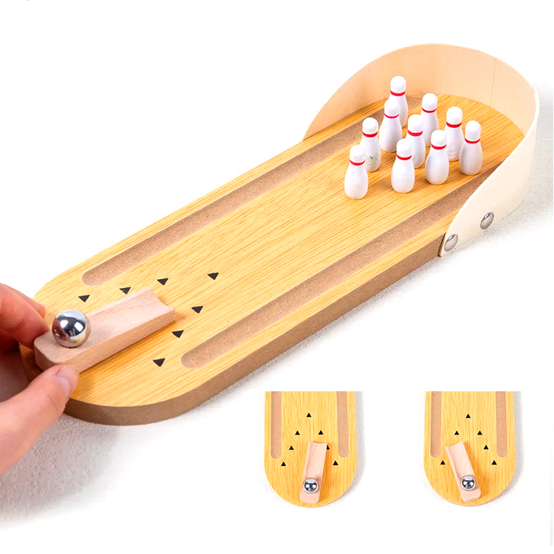 Çelik Top ve Lobutlardan oluşan Kompakt Ahşap Set Mini Masaüstü Bowling Oyunu