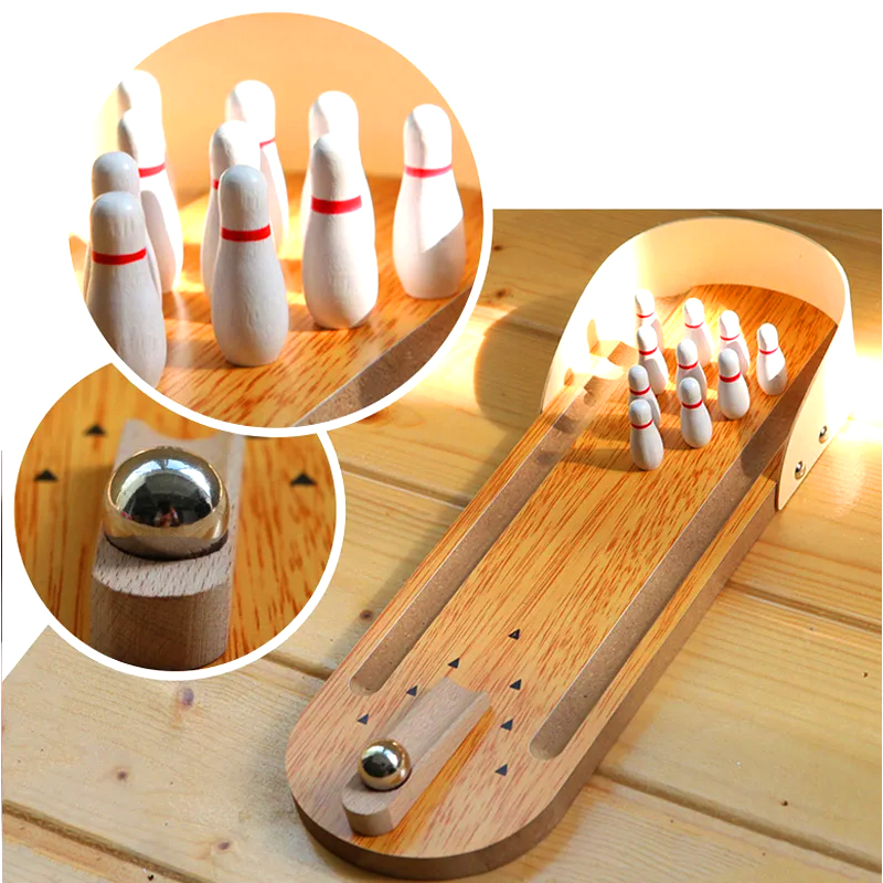 Çelik Top ve Lobutlardan oluşan Kompakt Ahşap Set Mini Masaüstü Bowling Oyunu